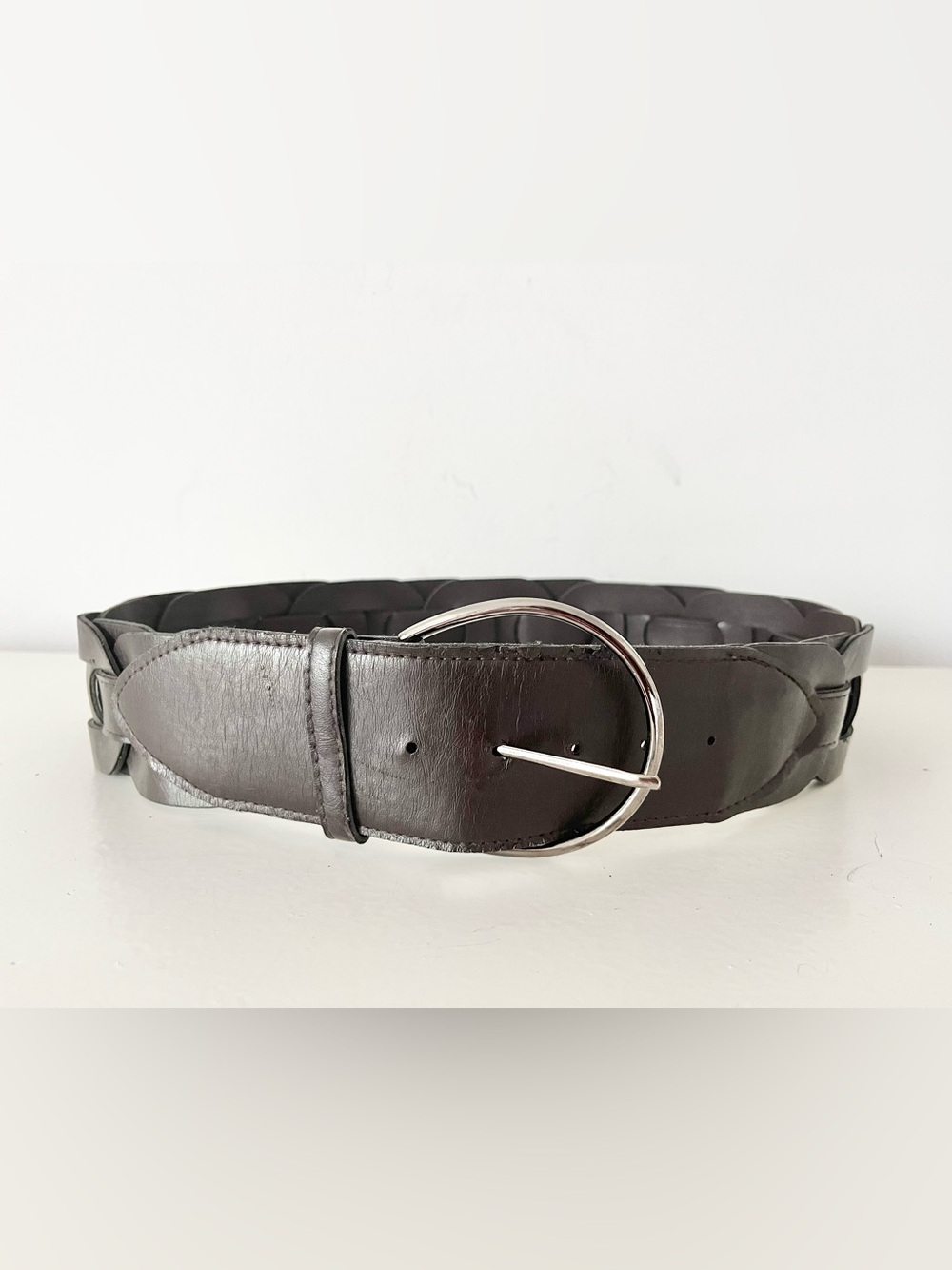 Wide dark brown statement belt for women Woven design large belt